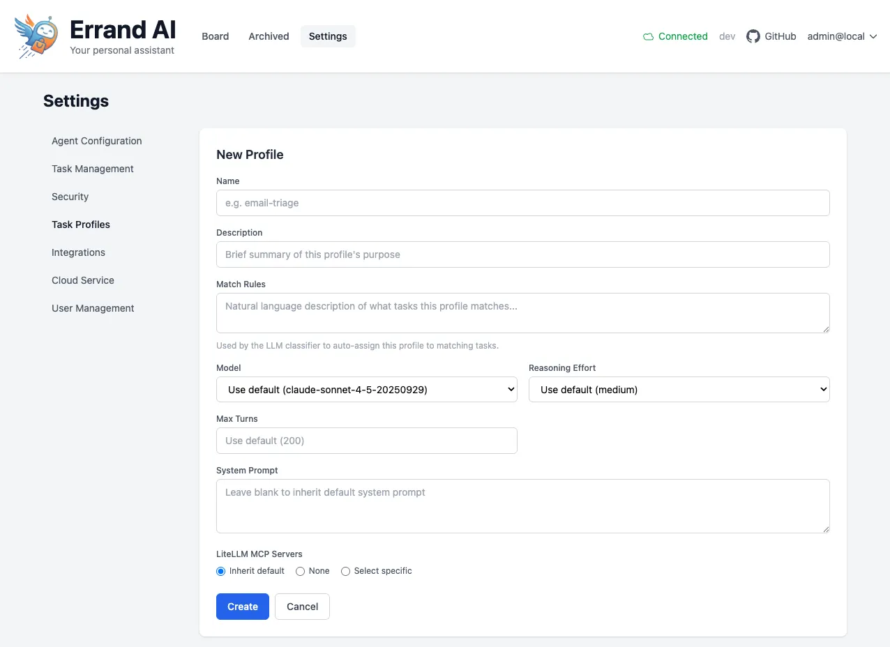 Add Profile form showing all available configuration options