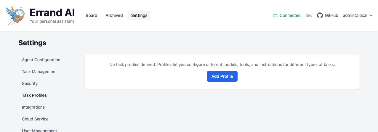 Task Profiles settings page