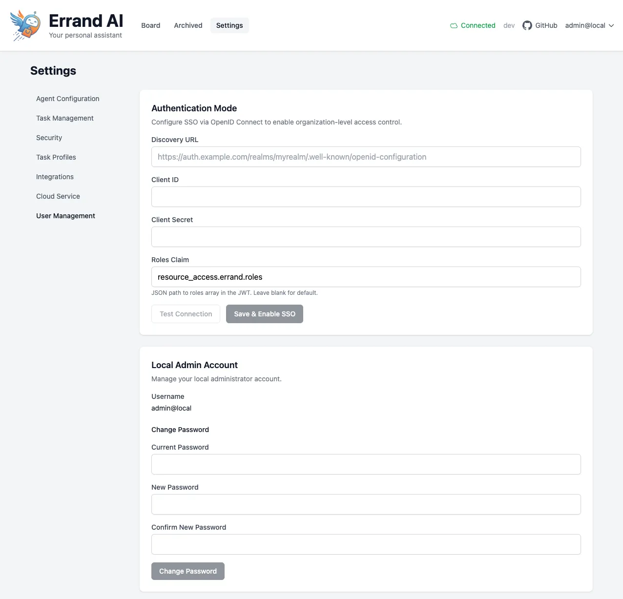 User Management settings page
